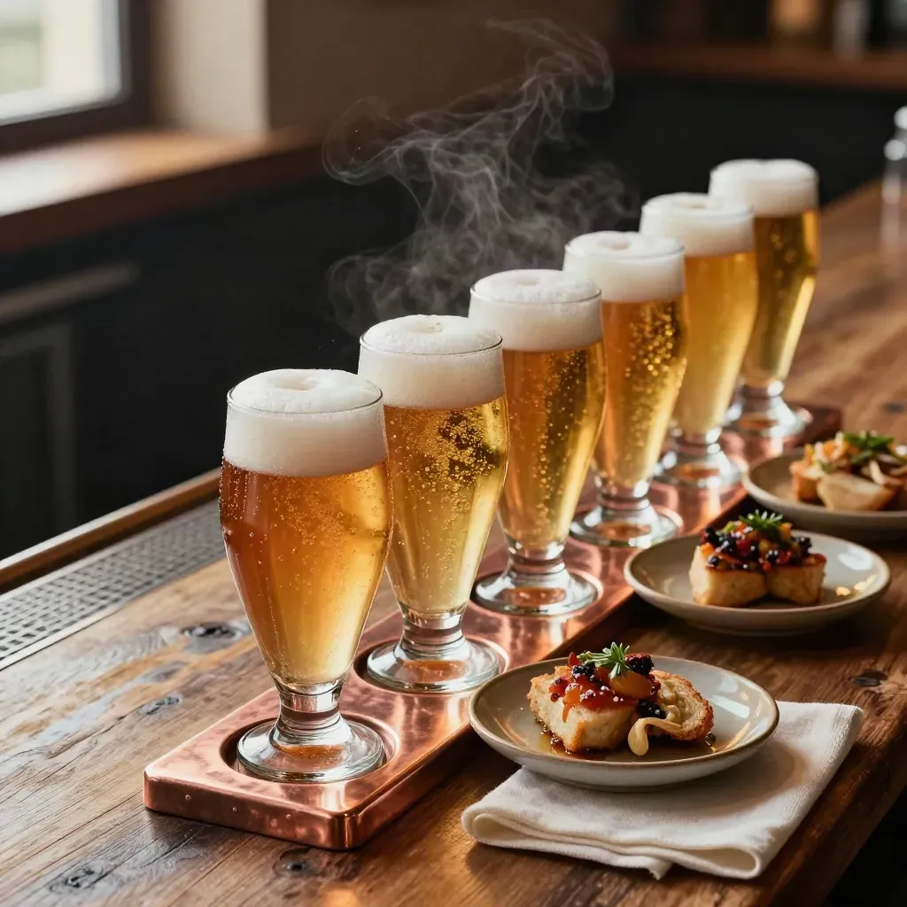 Zes bierglazen met hapjes op een houten bar, net na het uitschenken.