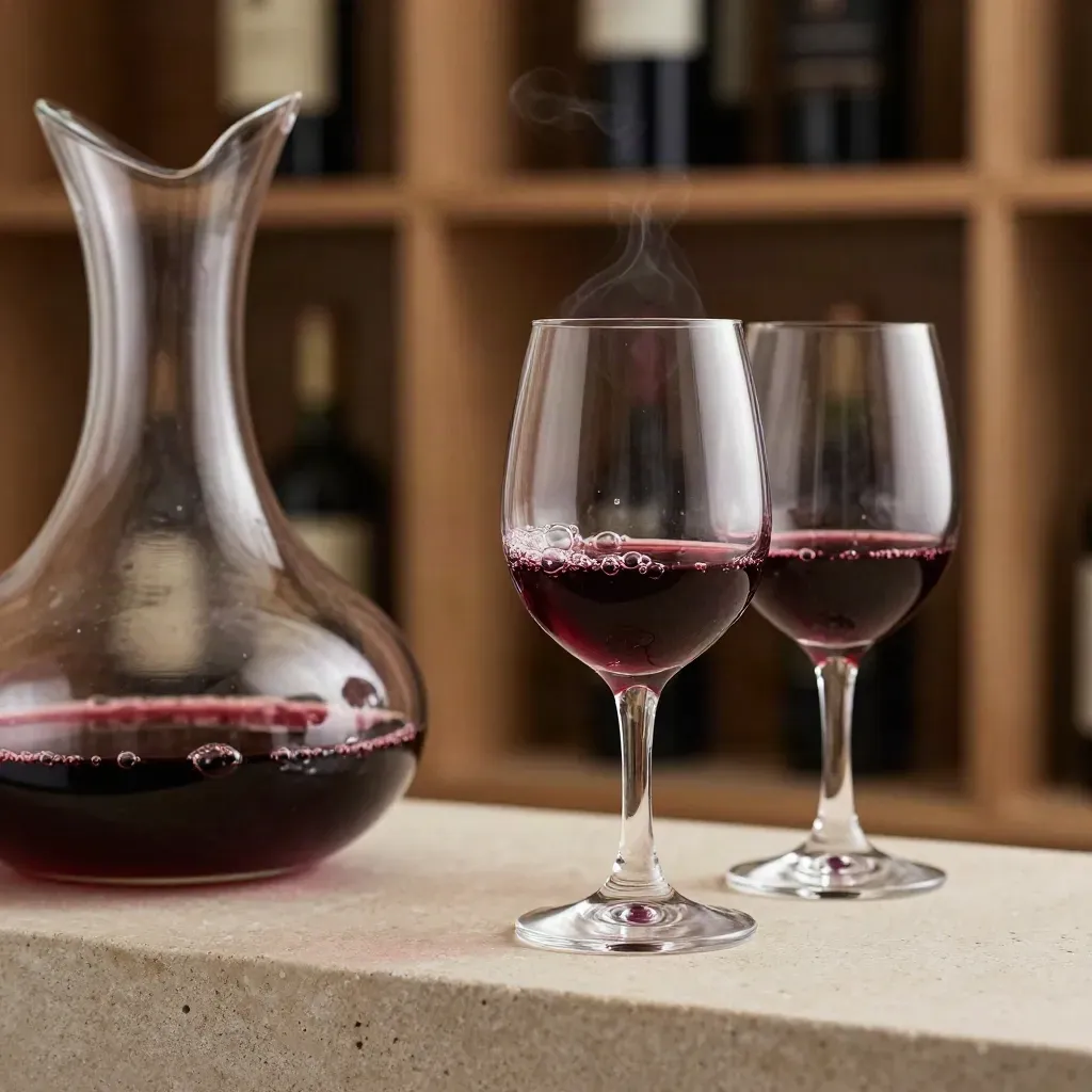 Decanter, pipet en twee wijnglazen met bordeauxrode gloed in een donkere kelder