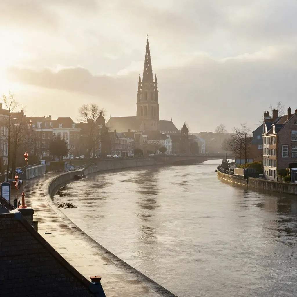 Domtoren boven mistige rivier bij zonsopkomst, natte daken en rustige Utrechtse wateren